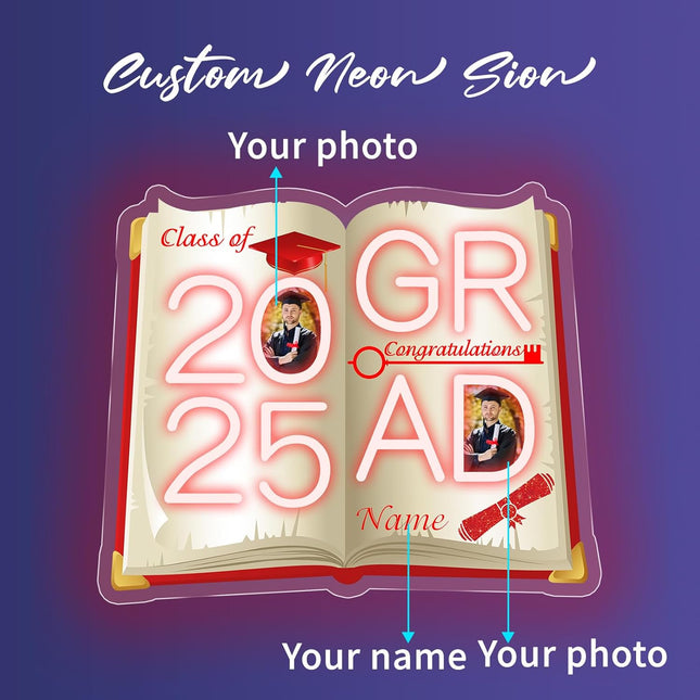 UUBAO Personalized Graduation Gift Neon Signs Congrats Grad LED Light Signs with Photo 2025 Party Backdrop Light Sign Decor (Red)