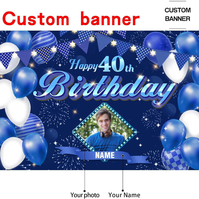 UUBAO Custom Navy Blue Theme Birthday Banner for Party Happy Birthday Backdrop Decoration Personalized with Name and Photo