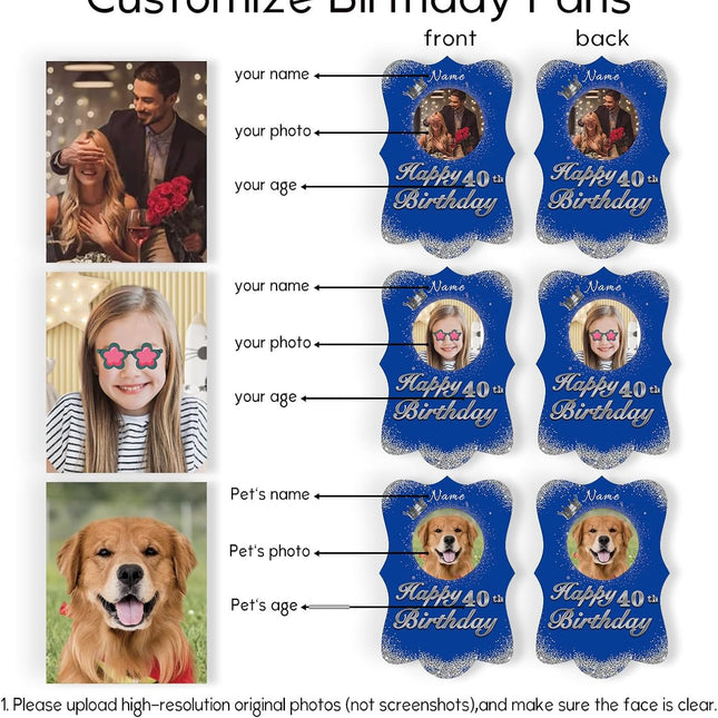 UUBAO Personalized Double Sided Happy Birthday Photo Prop Face Fan Customized Birthday Fun Supplies(Blue and Silver)