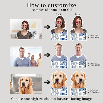 UUBAO Custom Happy Birthday Face Cutout Fans Personalized Photo Prop Signs for Birthday Party(Blue and Silver