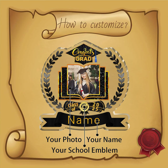 UUBAO Customized Graduation Plaque with Single Picture Custom Picture 2025 Congrats Grad Crystal Desktop Farewell Keepsake Gift (Black and Gold)