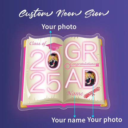 UUBAO Personalized Graduation Gift Neon Signs Congrats Grad LED Light Signs with Photo 2025 Party Backdrop Light Sign Decor (Pink)