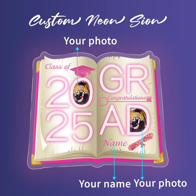 UUBAO Personalized Graduation Gift Neon Signs Congrats Grad LED Light Signs with Photo 2025 Party Backdrop Light Sign Decor (Pink)