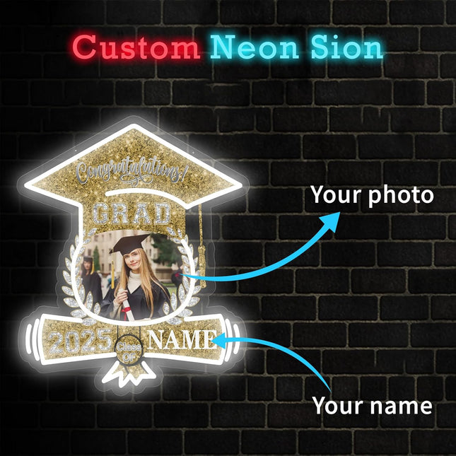 UUBAO Custom Graduation Gift LED Neon Signs Class of 2025 Personalized Photo Congrats Grad USB Powered (Champagne)