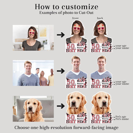 UUBAO Custom Happy Birthday Face Cutout Fans Personalized Photo Prop Signs for Birthday Party(Black and Rose Gold)