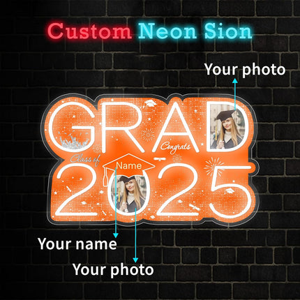 UUBAO Personalized Graduation Gift Neon Signs Congrats Grad LED Light Signs with Photo 2025 Party Backdrop Light Sign Decor (Orange)