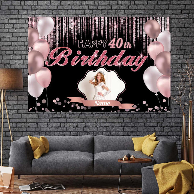 UUBAO Custom Rose Gold Pink Theme Birthday Banner for Party Happy Birthday Backdrop Decoration Personalized with Name and Photo