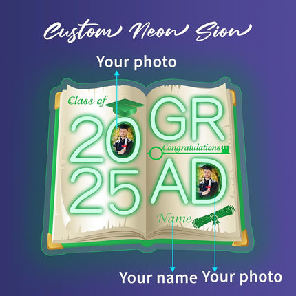 UUBAO Personalized Graduation Gift Neon Signs Congrats Grad LED Light Signs with Photo 2025 Party Backdrop Light Sign Decor (Dark Green)