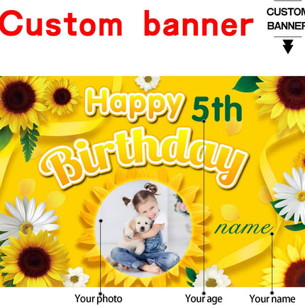 UUBAO Custom Sunflower Happy Birthday Party Decorations Supplies Personalized Backdrop Banner