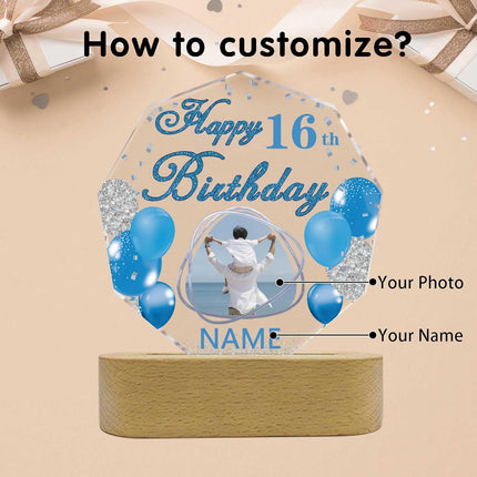 UUBAO Personalized Happy Birthday Night Light Gift with Photo Customized Acrylic Lamp for Her Mom Daughter Grandma Nana(Blue and Silver)