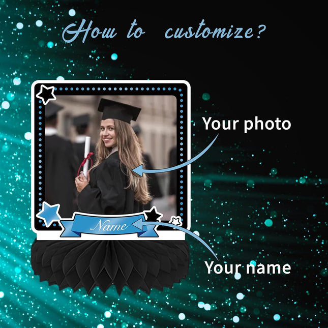 UUBAO 9 PCS Custom Graduation Party Honeycomb Centerpieces Class of 2025 Congrats Grad Decorations Congratulate Graduation Table Toppers for Graduation Party Favor Supplies (Sky Blue)