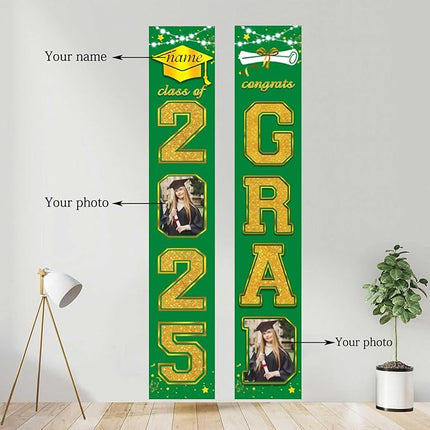 UUBAO Custom Graduation Party Decorations 2025 Personalization Congrats Grad Banner Graduation Front Door Porch Sign Backdrop(Dark Green and Gold)