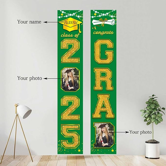 UUBAO Custom Graduation Party Decorations 2025 Personalization Congrats Grad Banner Graduation Front Door Porch Sign Backdrop(Dark Green and Gold)