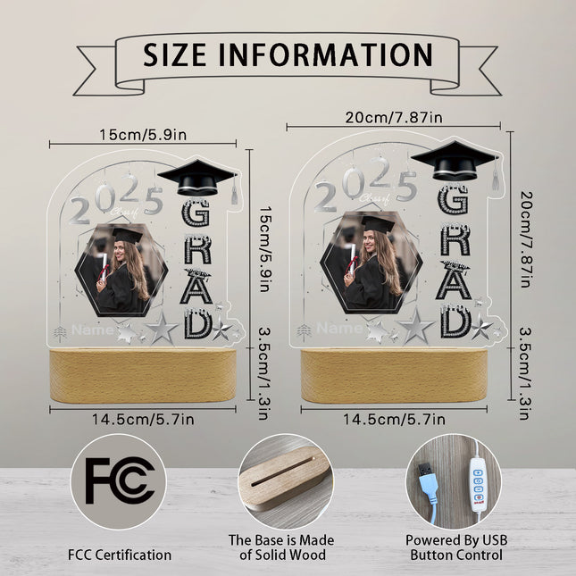 UUBAO Graduation Gifts Personalized Night Light Class of 2025 Custom Photo Name Gifts for Him Her Gifts for College, High School (Black and Silver)