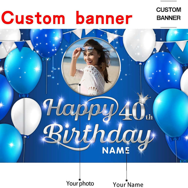 UUBAO Custom Navy Blue Theme Birthday Banner for Party Happy Birthday Backdrop Decoration Personalized with Name and Photo