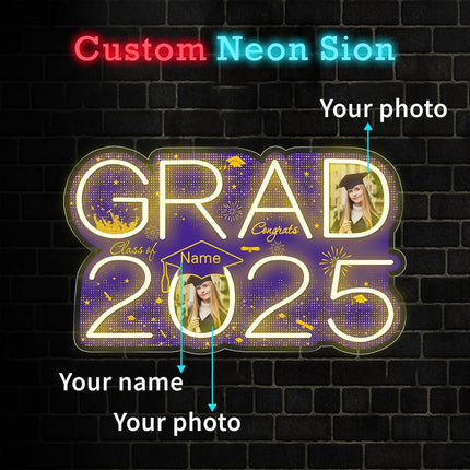 UUBAO Personalized Graduation Gift Neon Signs Congrats Grad LED Light Signs with Photo 2025 Party Backdrop Light Sign Decor (Purple)