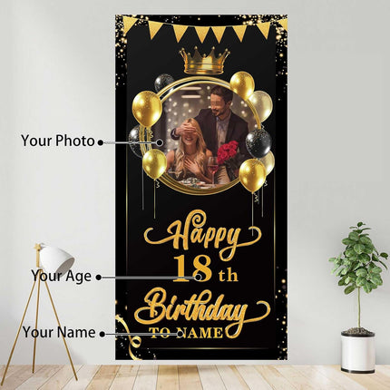 UUBAO Custom Happy Birthday Door Banner Backdrop Birthday Decorations Party Supplies for Women Men(Black and Gold)