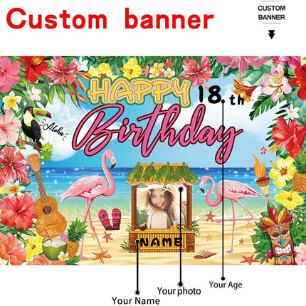 UUBAO Custom Happy Birthday Banner Flamingo Themed Party Decoration Tropical Floral Photo Booth Hawaiian Party Decoration for Luau Beach
