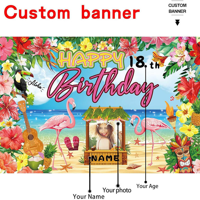 UUBAO Custom Happy Birthday Banner Flamingo Themed Party Decoration Tropical Floral Photo Booth Hawaiian Party Decoration for Luau Beach