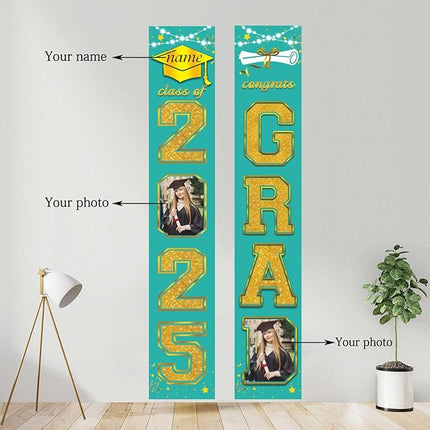 UUBAO Custom Graduation Party Decorations 2025 Personalization Congrats Grad Banner Graduation Front Door Porch Sign Backdrop(Peacock Blue and Gold)