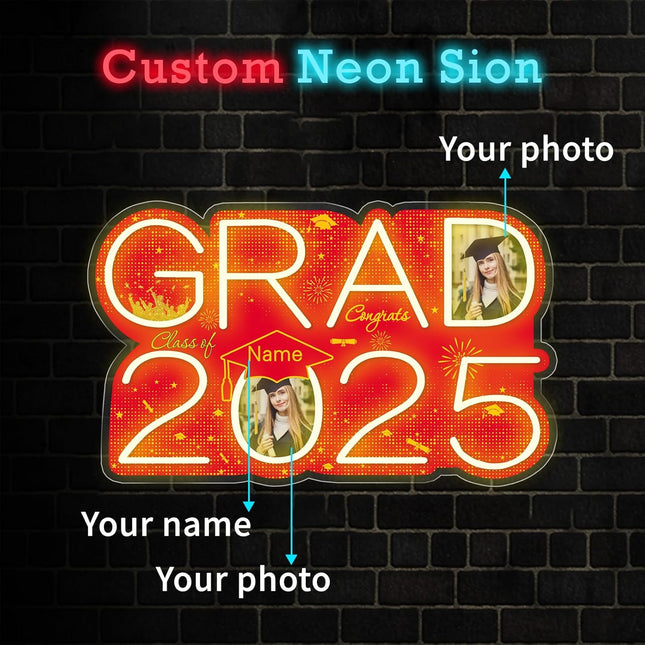 UUBAO Personalized Graduation Gift Neon Signs Congrats Grad LED Light Signs with Photo 2025 Party Backdrop Light Sign Decor (Red)