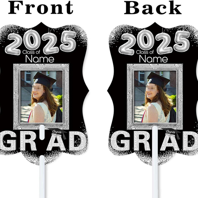 UUBAO Personalized Graduation Double Sided Face Fan Class of 2025 Customized Graduation Head Face Cutout with Handle Fun Photo Prop Supplies(Black and Silver)