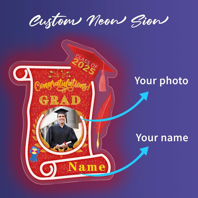 UUBAO Custom Graduation Gift LED Neon Signs Class of 2025 Personalized Photo Congrats Grad USB Powered (Red)