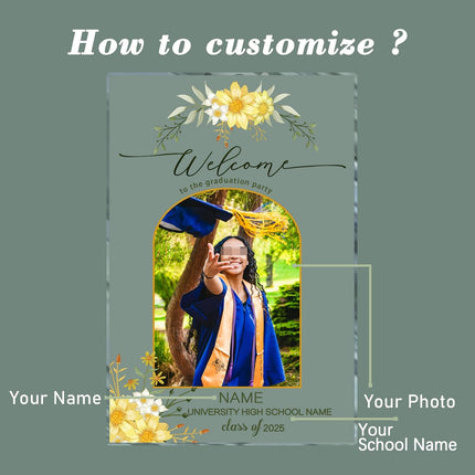 UUBAO Customized Welcome Sign for Graduation Party Personalized Acrylic Sign with Photo Name Class of 2025 Graduation Decor(Yellow Flower)