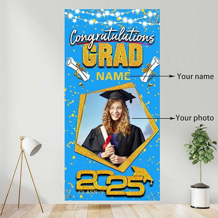 UUBAO Custom Graduation Party Decorations Personalization Banner Class of 2025 Backdrop Door Cover (Sky Blue and Gold)