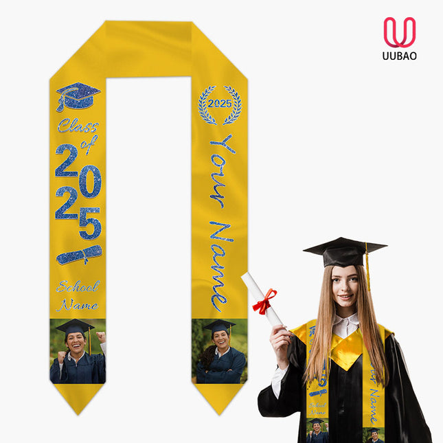 UUBAO Personalized Photo Name Graduation Shawl Custom Multi-color Option Graduation Stole Class Of 2025 Honor Shoulder Strap Decoration (Yellow)