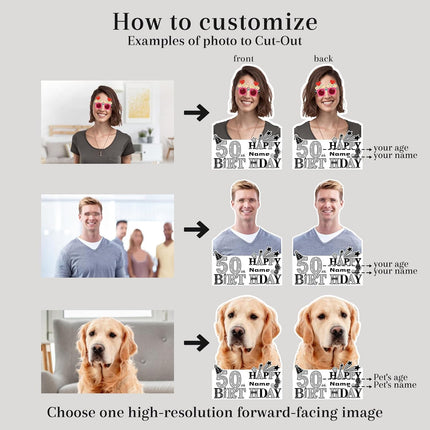 UUBAO Custom Happy Birthday Face Cutout Fans Personalized Photo Prop Signs for Birthday Party(Black and Silver)