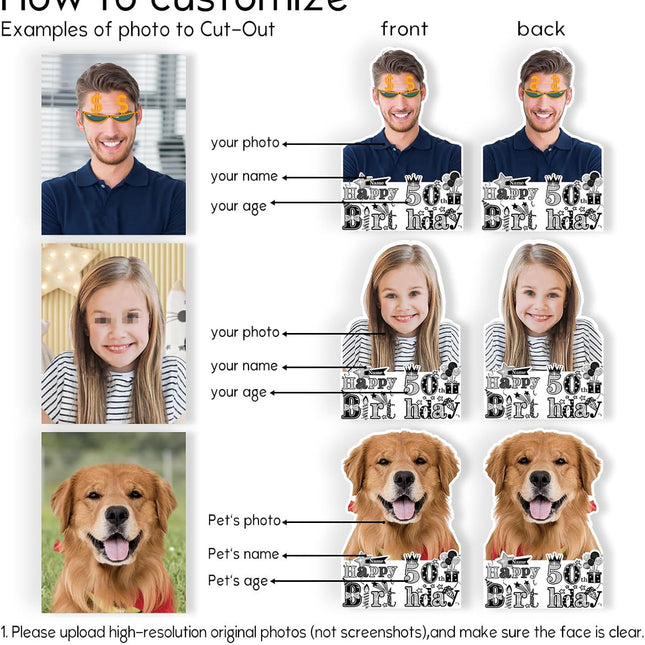 UUBAO Personalized Double Sided Happy Birthday Photo Prop Face Fan Customized Birthday Fun Supplies(Black and Silver)