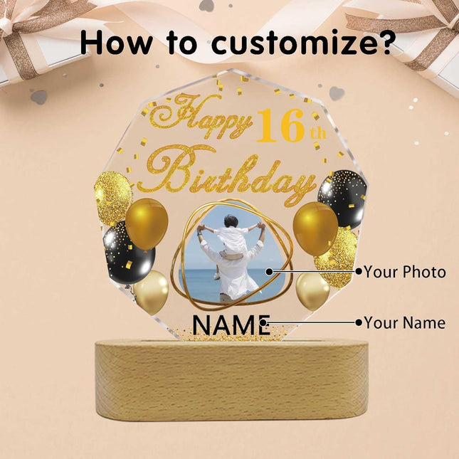 UUBAO Personalized Happy Birthday Night Light Gift with Photo Customized Acrylic Lamp for Her Mom Daughter Grandma Nana(Black and Gold)