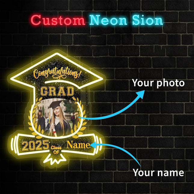 UUBAO Custom Graduation Gift LED Neon Signs Class of 2025 Personalized Photo Congrats Grad USB Powered (Black and Gold)