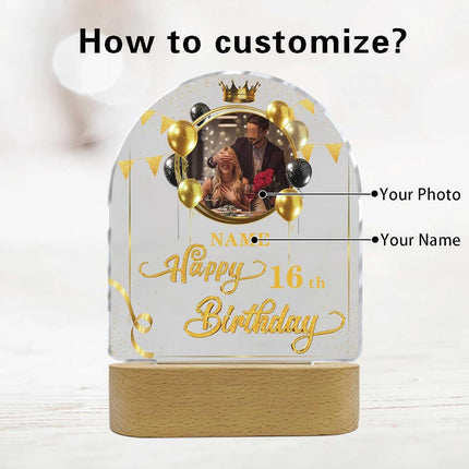 UUBAO Personalized Happy Birthday Night Light Gift with Photo Customized Acrylic Lamp for Her Mom Daughter Grandma Nana(Black and Gold)