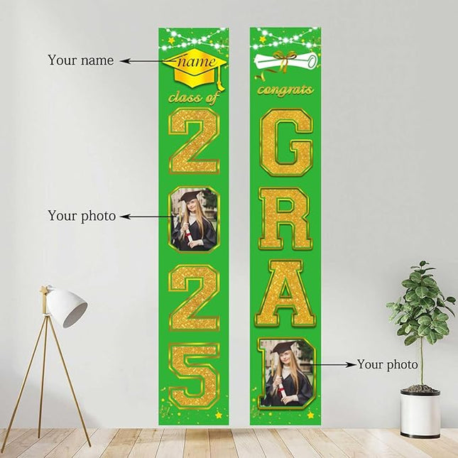 UUBAO Custom Graduation Party Decorations 2025 Personalization Congrats Grad Banner Graduation Front Door Porch Sign Backdrop(Light Green and Gold)