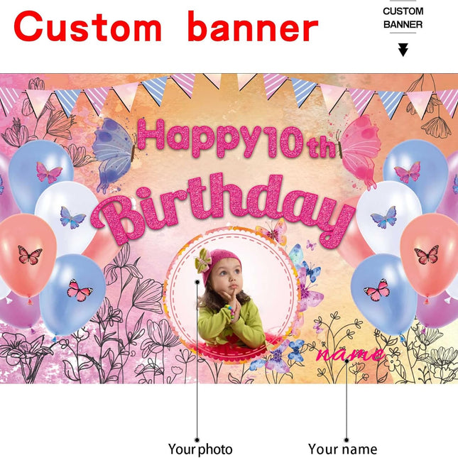 UUBAO Custom Butterfly Birthday Party Decorations Banner Backdrop Decorations Supplies
