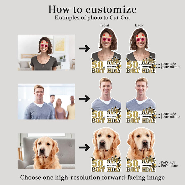 UUBAO Custom Happy Birthday Face Cutout Fans Personalized Photo Prop Signs for Birthday Party(Black and Gold)