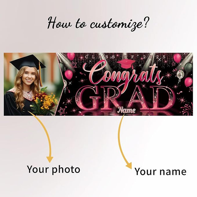 UUBAO Custom Graduation Party Decorations Personalization Banner Class of 2025 Backdrop (Pink）