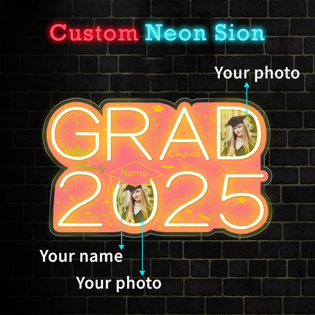 UUBAO Personalized Graduation Gift Neon Signs Congrats Grad LED Light Signs with Photo 2025 Party Backdrop Light Sign Decor (Pink)