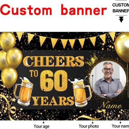 UUBAO Custom Black and Gold Happy Birthday Party Decorations Backdrop Banner