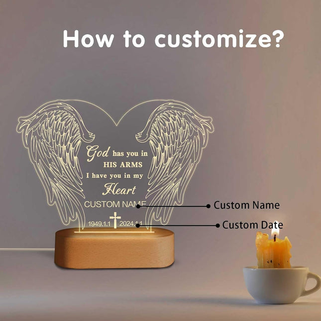 UUBAO Personalized Memorial Gift 3D Carved Night Light Customized Light Up Acrylic Plaque Lamp Sympathy Bereavement Remembrance Gift(Wings)