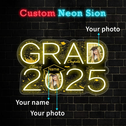 UUBAO Personalized Graduation Gift Neon Signs Congrats Grad LED Light Signs with Photo 2025 Party Backdrop Light Sign Decor (Black and Gold)