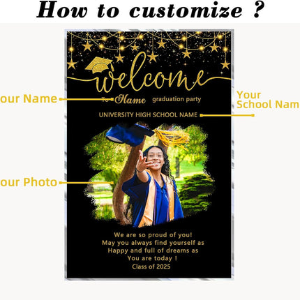 UUBAO Customized Welcome Sign for Graduation Party Personalized Acrylic Sign with Photo Name Class of 2025 Graduation Decor(Black and Gold)