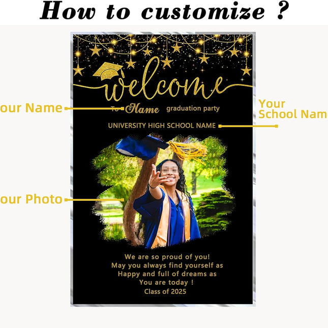 UUBAO Customized Welcome Sign for Graduation Party Personalized Acrylic Sign with Photo Name Class of 2025 Graduation Decor(Black and Gold)