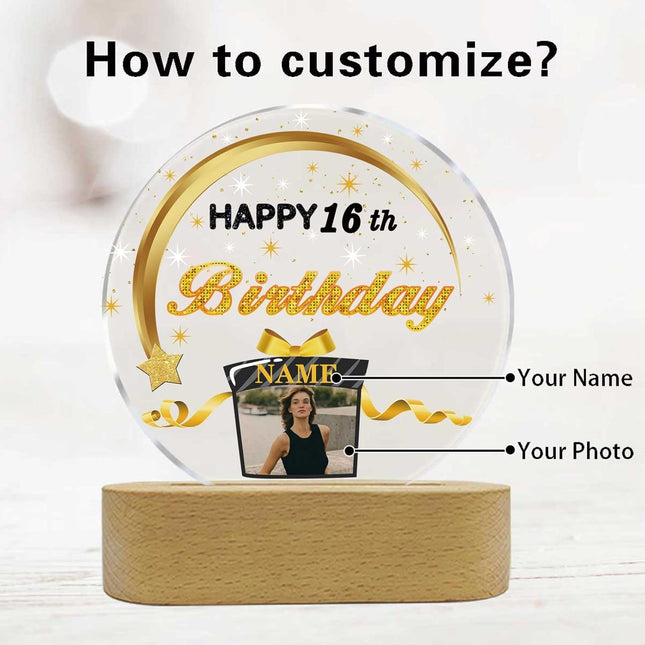UUBAO Personalized Happy Birthday Night Light Gift with Photo Customized Acrylic Lamp for Her Mom Daughter Grandma Nana(Black and Gold)