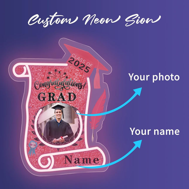 UUBAO Custom Graduation Gift LED Neon Signs Class of 2025 Personalized Photo Congrats Grad USB Powered (Pink)