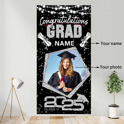 UUBAO Custom Graduation Party Decorations Personalization Banner Class of 2025 Backdrop Door Cover (Black and Silver)