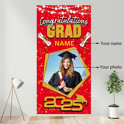 UUBAO Custom Graduation Party Decorations Personalization Banner Class of 2025 Backdrop Door Cover (Red and Gold)