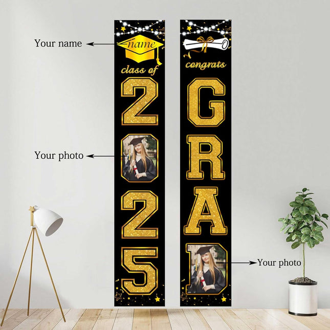 UUBAO Custom Graduation Party Decorations 2025 Personalization Congrats Grad Banner Graduation Front Door Porch Sign Backdrop(Black and Gold)